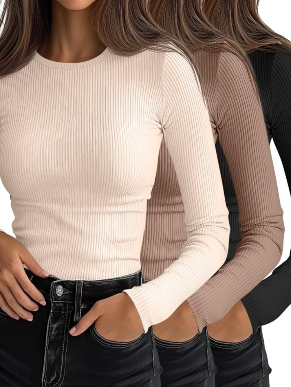 3 Pack Women's Ribbed Long Sleeve Shirts Fitted Tops